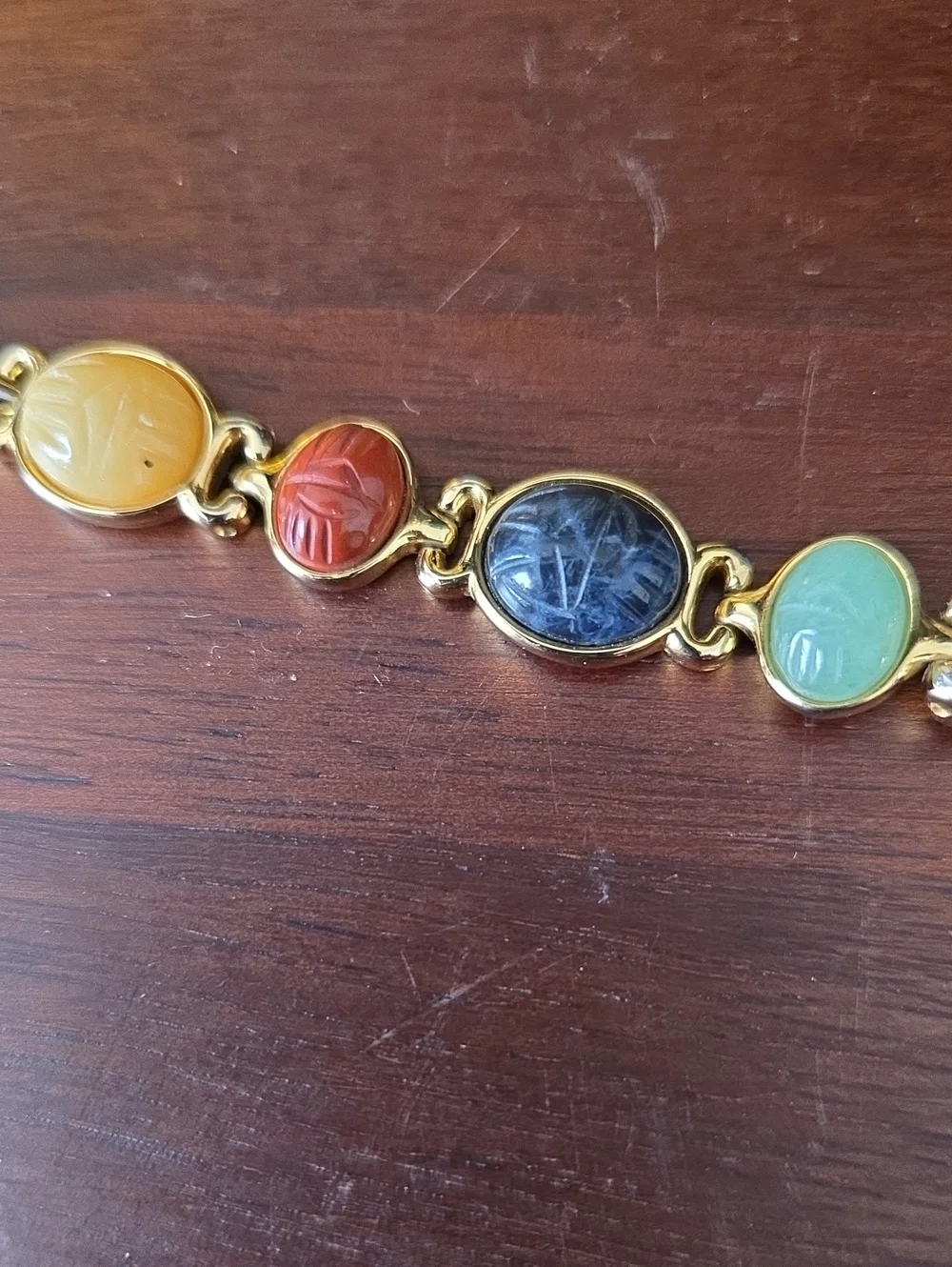 Vintage JOSEPH BERNARD Gold-Tone Watch With Egyptian Scarab Gemstone Cabochons
